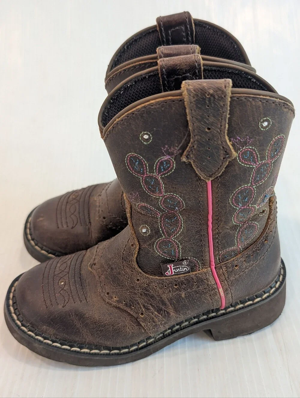 Kids Brown Western Cowboy Boots with Pink Accents